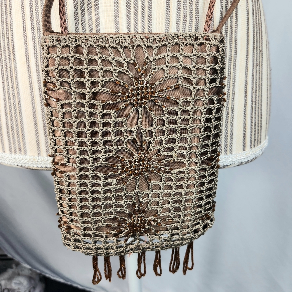 NY LITES Brown Crocheted & Beaded Crossbody Bag Purse Pocketbook